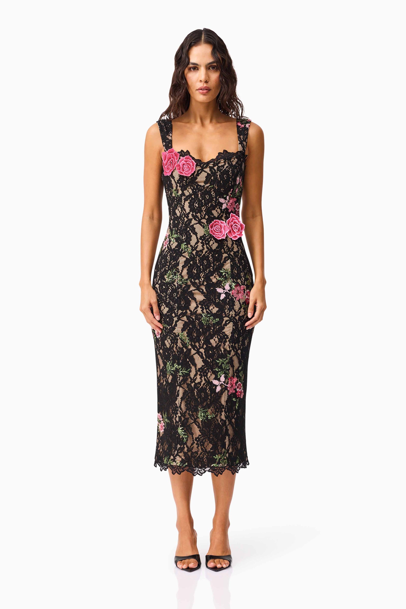 Morgaine Lace Midi Dress in Black | Scalloped Neckline & Floral Trim Elliatt Morgaine Lace Midi Dress in Black | Scalloped Neckline & Floral Trim Elliatt