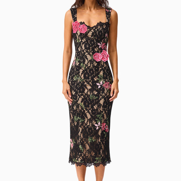 Morgaine Lace Midi Dress in Black