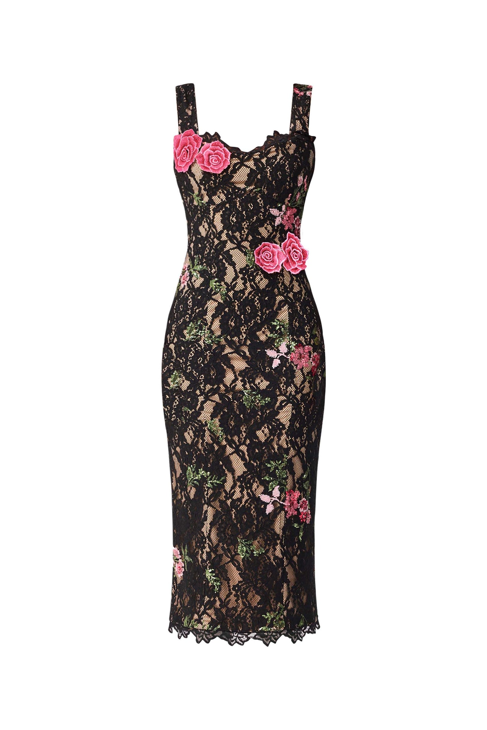 Morgaine Lace Midi Dress in Black | Scalloped Neckline & Floral Trim Elliatt Morgaine Lace Midi Dress in Black | Scalloped Neckline & Floral Trim Elliatt