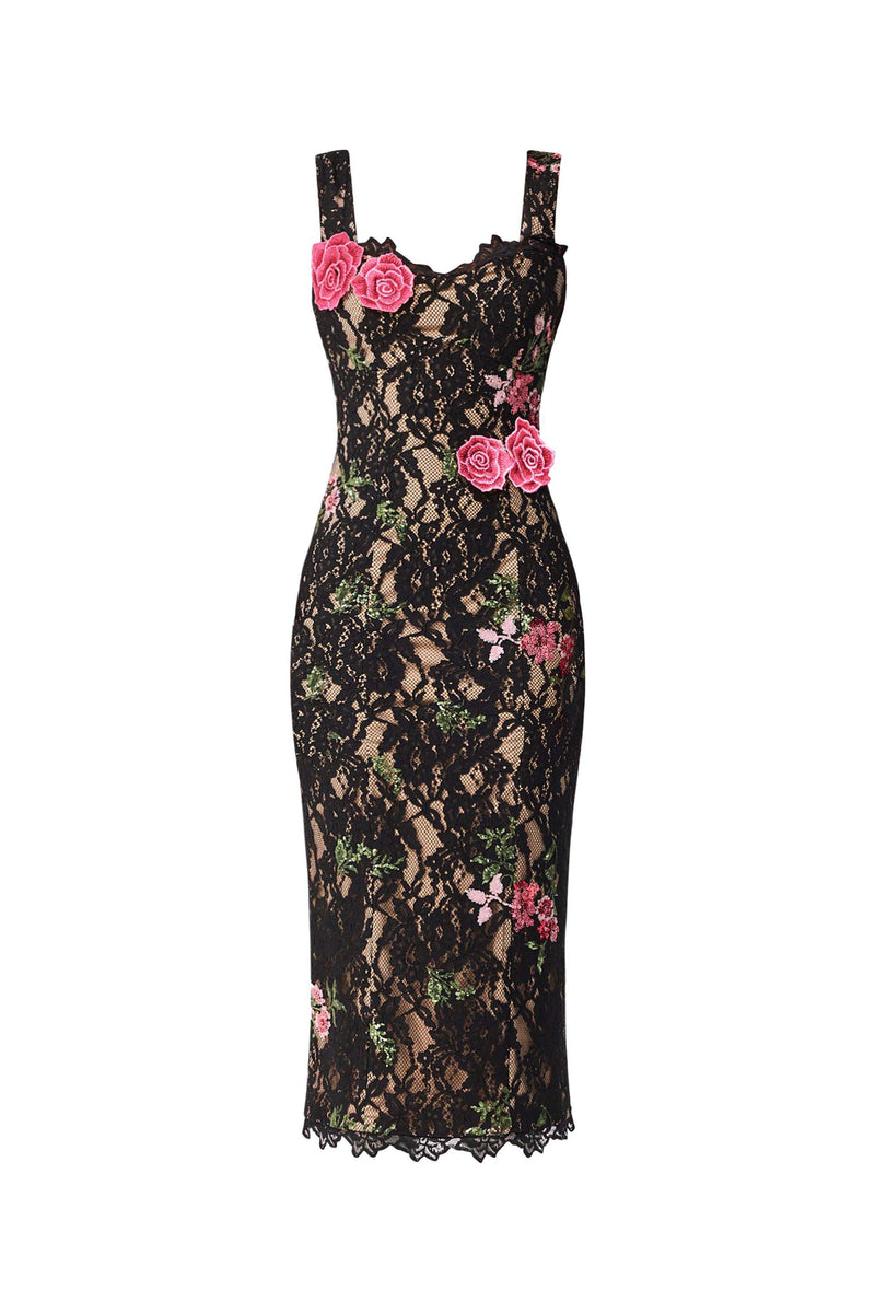 Morgaine Lace Midi Dress in Black | Scalloped Neckline & Floral Trim Elliatt Morgaine Lace Midi Dress in Black | Scalloped Neckline & Floral Trim Elliatt