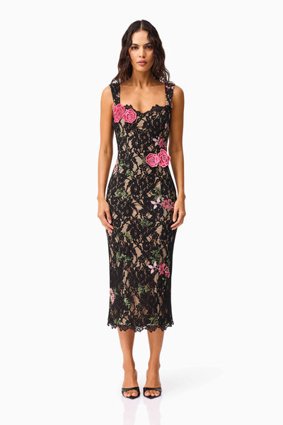 Morgaine Lace Midi Dress in Black