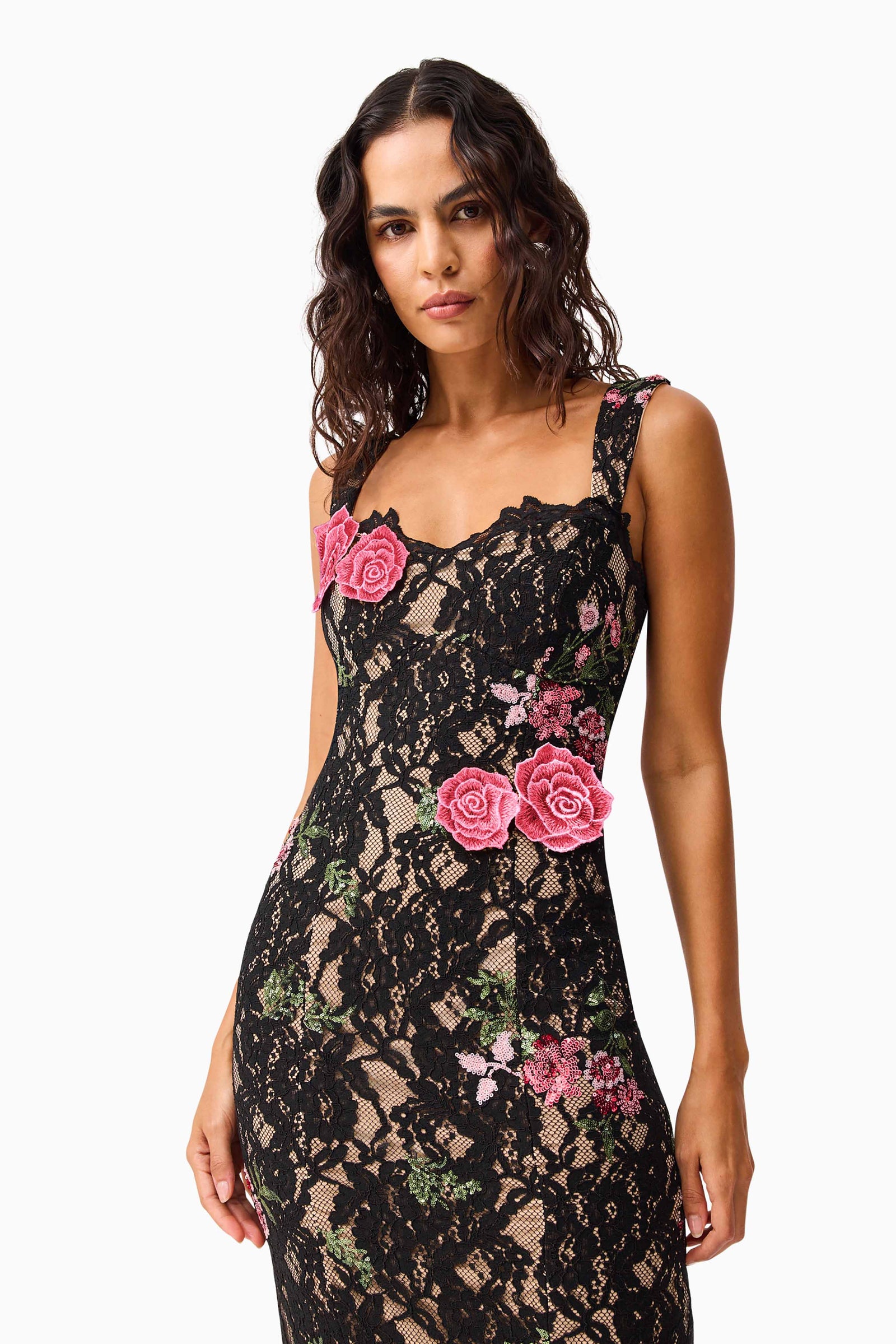 Morgaine Lace Midi Dress in Black | Scalloped Neckline & Floral Trim Elliatt Morgaine Lace Midi Dress in Black | Scalloped Neckline & Floral Trim Elliatt
