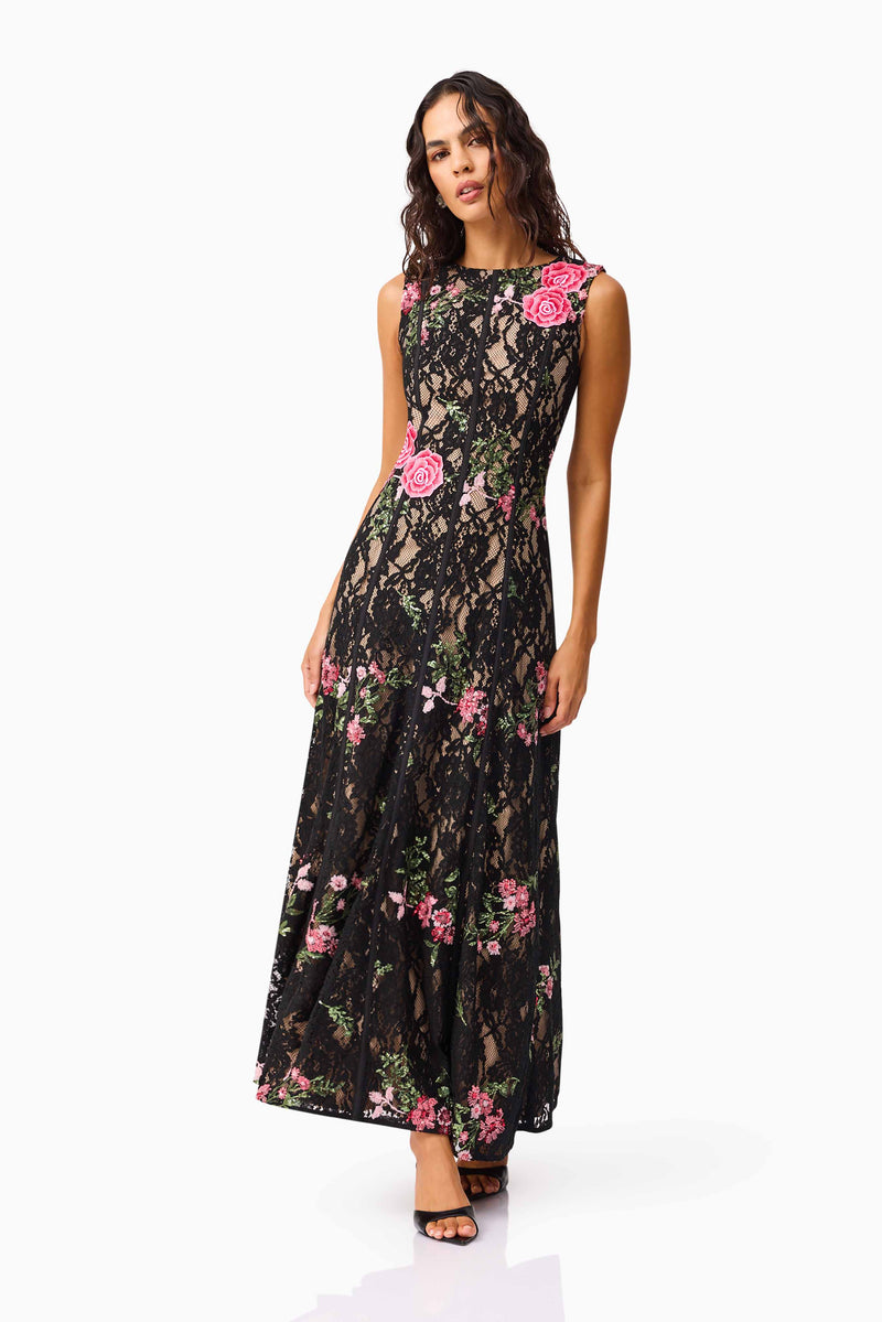 Brunette model wearing the Morgaine Lace Gown in Black posed shot