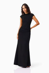 Brunette model wearing the Danica High Neck Gown in Black posed shot