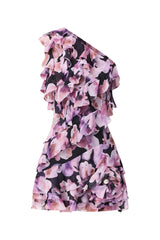 Solene One Shoulder Mini Dress in Purple Floral ghost shot 