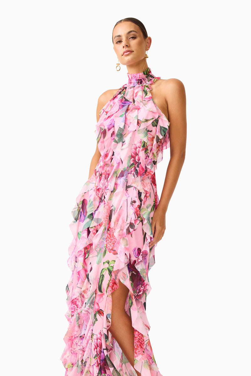 solène pink tiered maxi dress Solene Halter Gown - Pink Floral - XXS