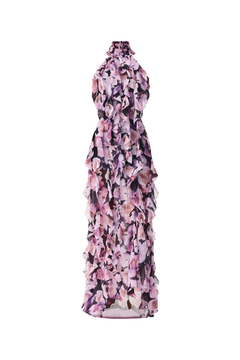 Solene Halter Gown in Purple Floral ghost shot 