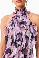 Brunette model wearing Solene Halter Gown in Purple Floral detailed shot