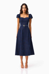 Brunette model wearing Melody Jacquard Short Sleeve Midi Dress in Blue front shot