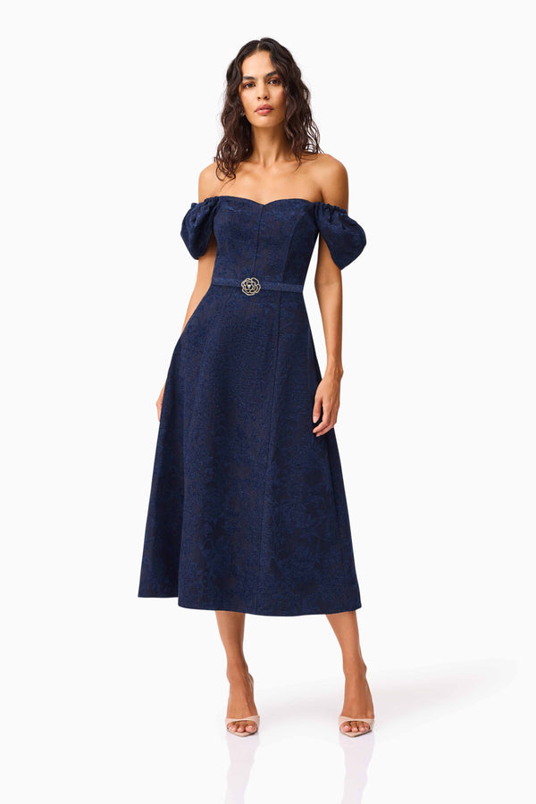 Brunette model wearing Melody Jacquard Short Sleeve Midi Dress in Blue posed shot