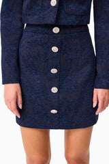 Brunette model wearing Melody Jacquard Top & Skirt Set in Blue skirt detailed shot