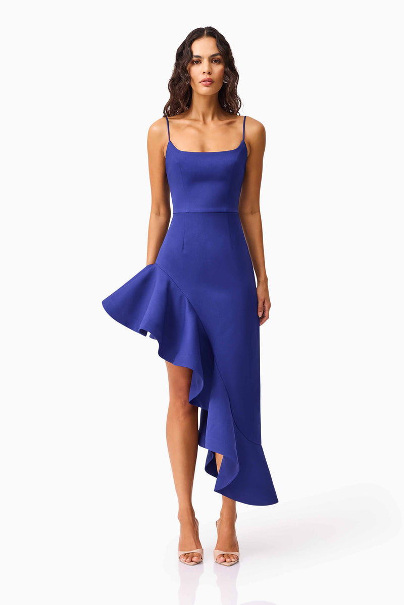 Brunette model wearing Beatrix Asymmetrical Gown in Blue front shot