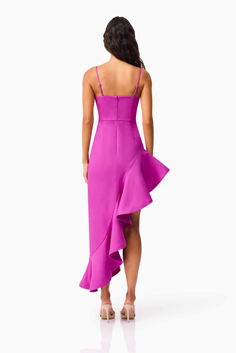 Brunette model wearing Beatrix Asymmetrical Gown in Purple back shot