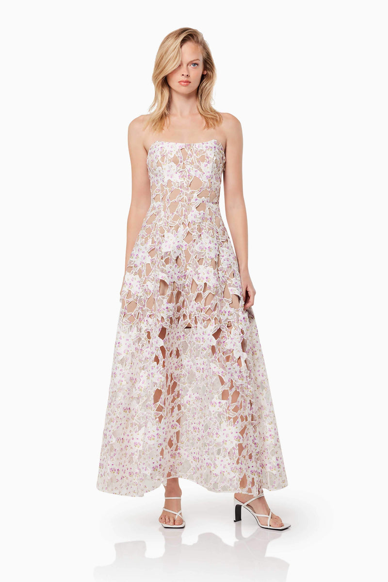 Blonde model wearing the Connection Maxi Gown In Purple posed shot