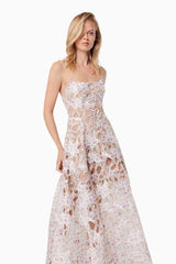 Blonde model wearing the Connection Maxi Gown In Purple close up posed shot