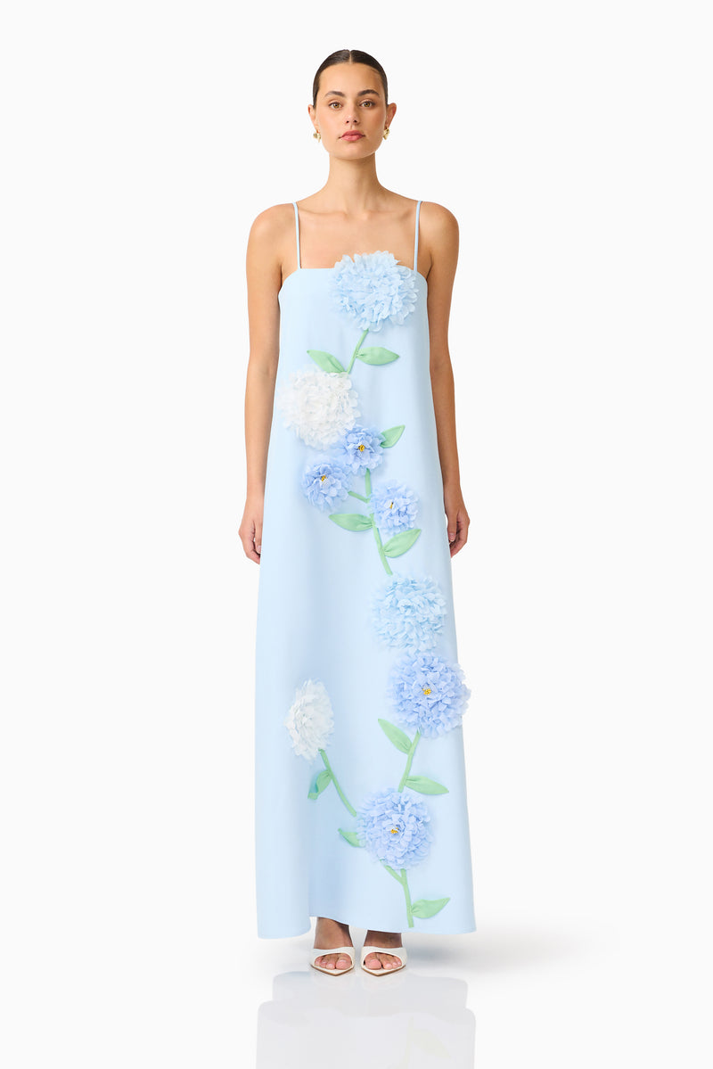 Brunette model wearing the Buttercup Embroidered Maxi Dress In Blue front shot