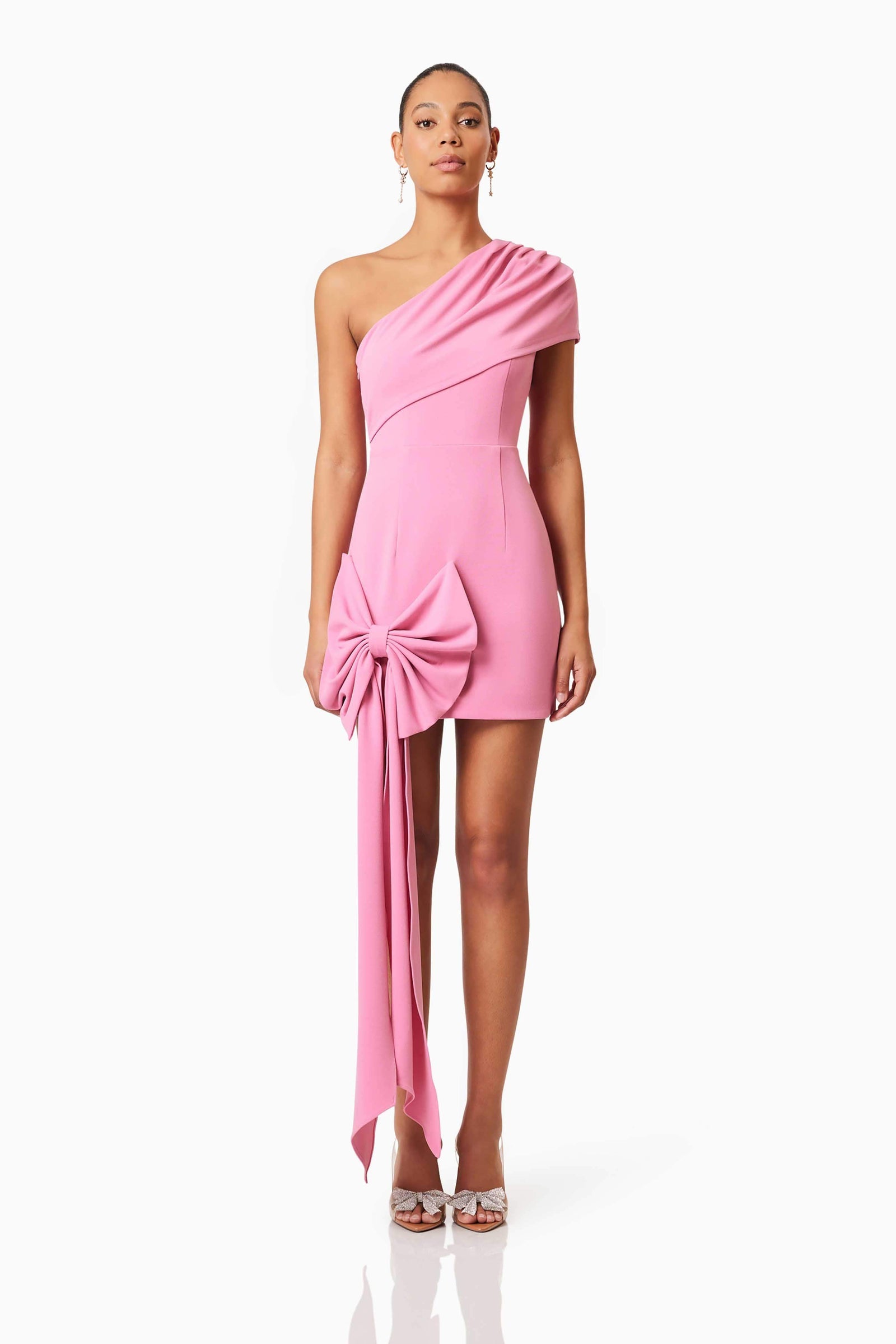 open lace back dress Jamie One Shoulder Mini Bow Dress In Pink – Elliatt