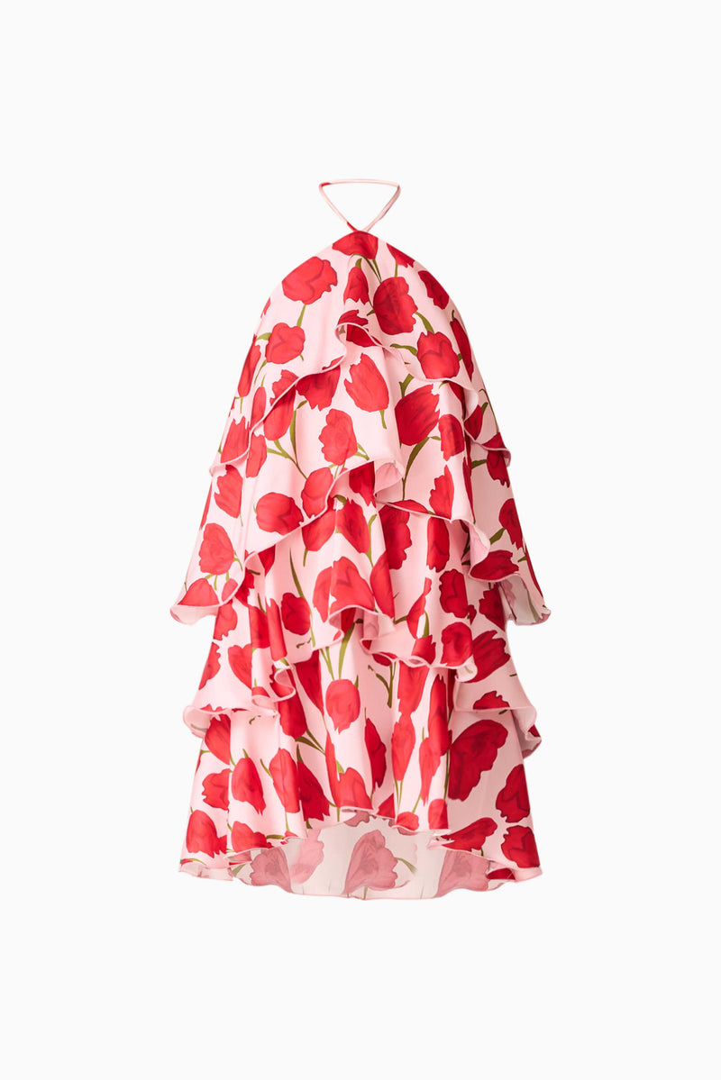 Melia Halter Mini Dress in Pink & Red Floral | Tiered Detailing Elliatt Melia Halter Mini Dress in Pink & Red Floral | Tiered Detailing Elliatt