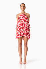 Brunette model wearing Melia Halter Mini Dress in Pink & Red Floral front shot