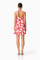 Brunette model wearing Melia Halter Mini Dress in Pink & Red Floral back shot