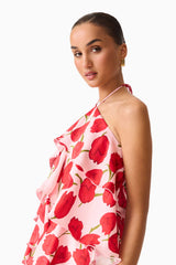 Brunette model wearing Melia Halter Mini Dress in Pink & Red Floral close up shot