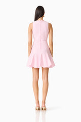 Brunette model wearing the Marla V-Neck Mini Dress in Pink back shot