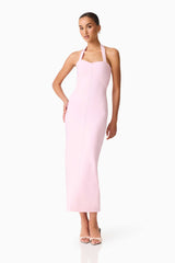 Brunette model wearing Marla Halter Gown in Pink posed shot 