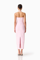 Brunette model wearing Marla Halter Gown in Pink back shot 