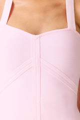 Brunette model wearing Marla Halter Gown in Pink detail shot 