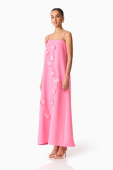 Brunette model wearing the Nolana Floral Applique Gown in Pink side shot
