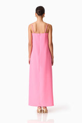 Brunette model wearing the Nolana Floral Applique Gown in Pink back shot