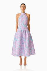 Nolana Halter Midi Dress in Blue & Purple Floral with trim at neckline front shot