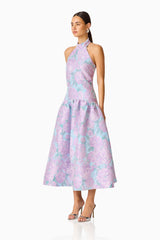 Nolana Halter Midi Dress in Blue & Purple Floral with trim at neckline side shot