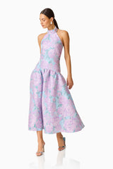 Nolana Halter Midi Dress in Blue & Purple Floral with trim at neckline posed shot