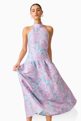 Nolana Halter Midi Dress in Blue & Purple Floral with trim at neckline close up shot