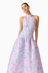 Nolana Halter Midi Dress in Blue & Purple Floral with trim at neckline detail shot
