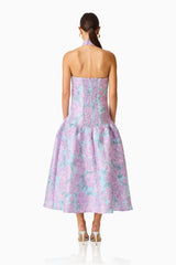Nolana Halter Midi Dress in Blue & Purple Floral with invisible zipper back shot