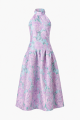 Nolana Halter Midi Dress in Blue & Purple Floral with trim at neckline ghost shot