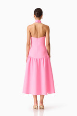 Brunette model wearing The Nolana Halter Midi dress in Pink back shot 