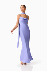 Brunette model wearing the Jacinta Gown in Blue front shot