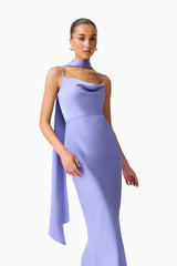 Brunette model wearing the Jacinta Cowl Neck Gown in Blue close up shot