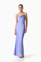 Brunette model wearing the Jacinta Cowl Neck Gown in Blue posed shot