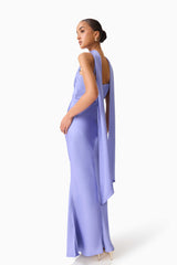Brunette model wearing the Jacinta Cowl Neck Gown in Blue posed back shot