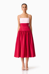 Brunette model wearing the June A-Line Gown in Pink & Red front shot