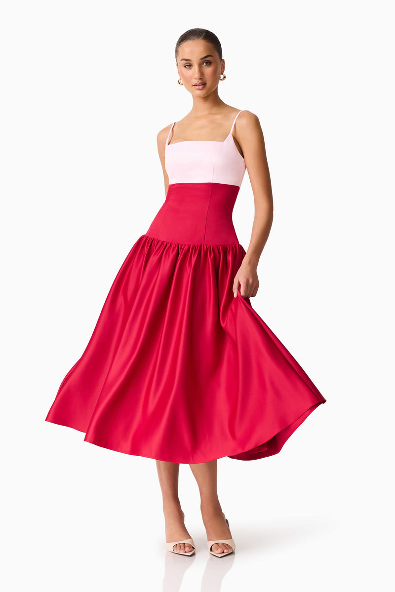 June A-Line Gown in Pink & Red | Drop Waist Detailing Elliatt June A-Line Gown in Pink & Red | Drop Waist Detailing Elliatt