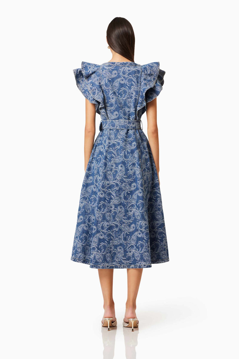 Brunette model wearing Denver Frill Midi Dress in Blue back shot