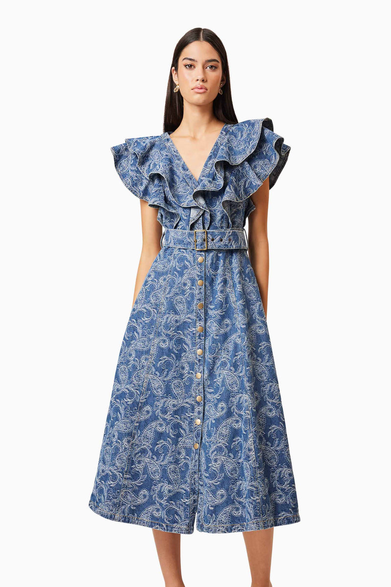 Brunette model wearing Denver Frill Midi Dress in Blue close up shot