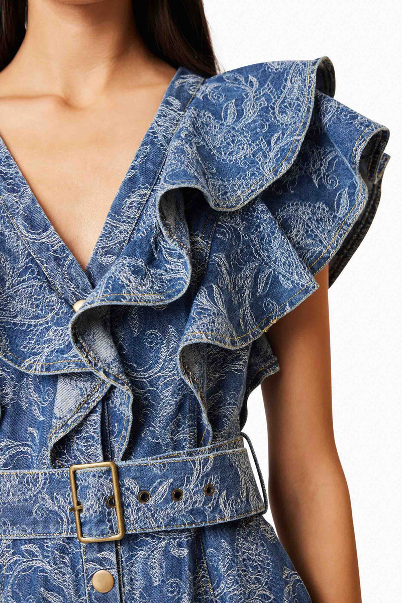 Brunette model wearing Denver Frill Midi Dress in Blue detail shot