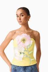 Hope Strapless Top in Yellow with floral applique close up shot