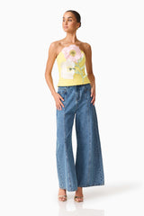 Hope Strapless Top in Yellow with floral applique posed shot